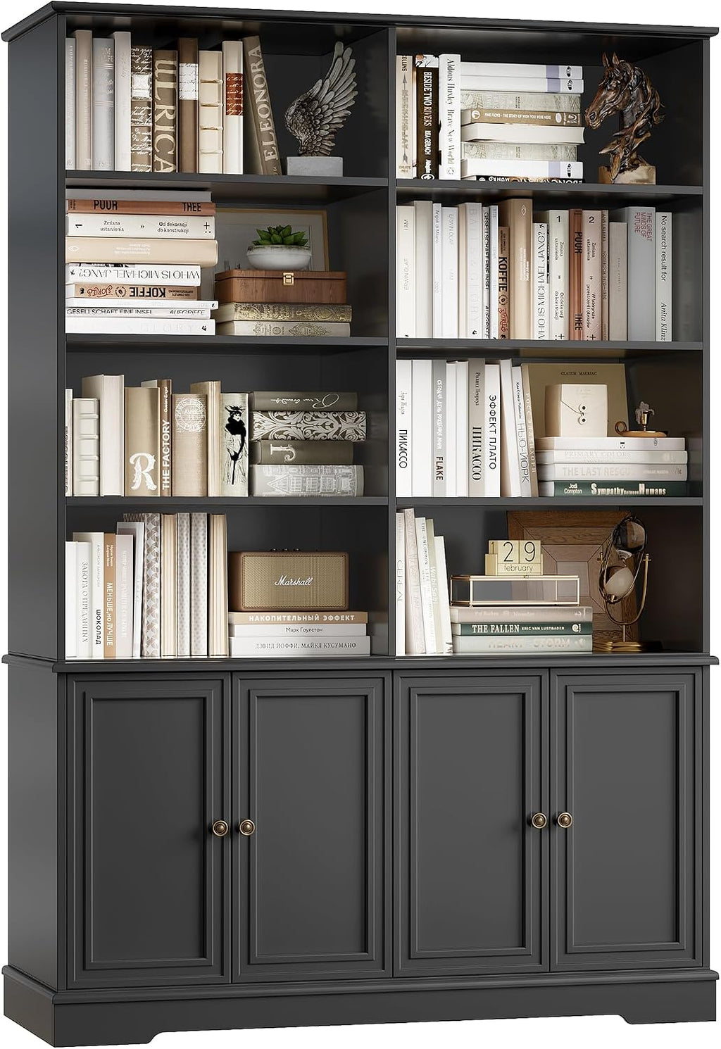 FINETONES 73' Black Bookshelf with Doors, 6 Tier Tall Bookshelf Double Wide Bookcases and Bookshelves with Storage, Large Display Cabinets for Home Office,Living Room, Library