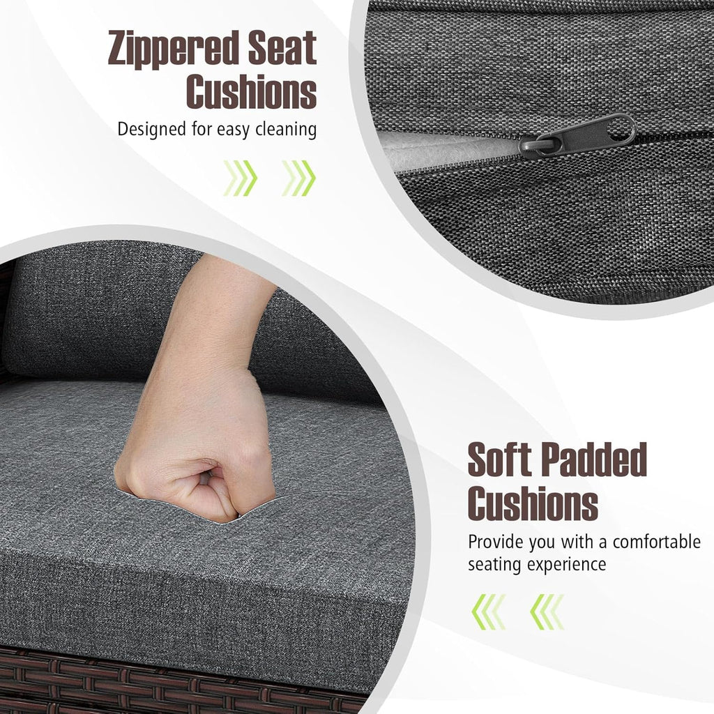 Tangkula 3 Pieces Patio Furniture Set, PE Rattan Wicker 3 Pcs Outdoor Sofa Set w/Washable Cushion and Tempered Glass Tabletop, Conversation Furniture for Garden Poolside Balcony (Grey)