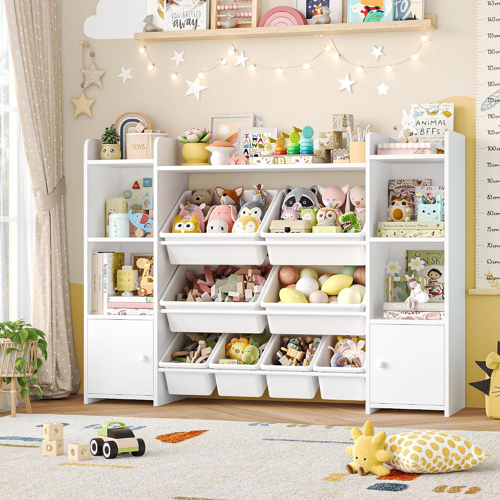 FOTOSOK Toy Storage Organizer with 8 Toy Bins, 55''Large Toy Organizers and Storage with Top Shelf, Toy Storage and Kids Bookshelf with 6 Storage Cubbies, Playroom Storage and Organization Bins, White