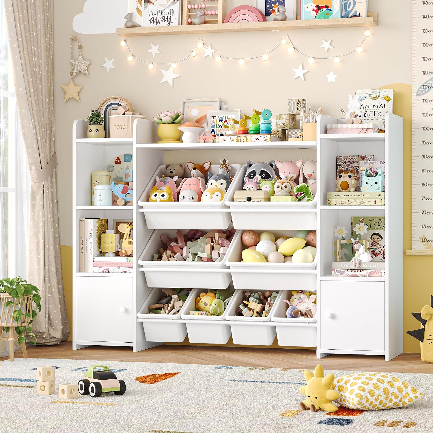 FOTOSOK Toy Storage Organizer with 8 Toy Bins, 55''Large Toy Organizers and Storage with Top Shelf, Toy Storage and Kids Bookshelf with 6 Storage Cubbies, Playroom Storage and Organization Bins, White