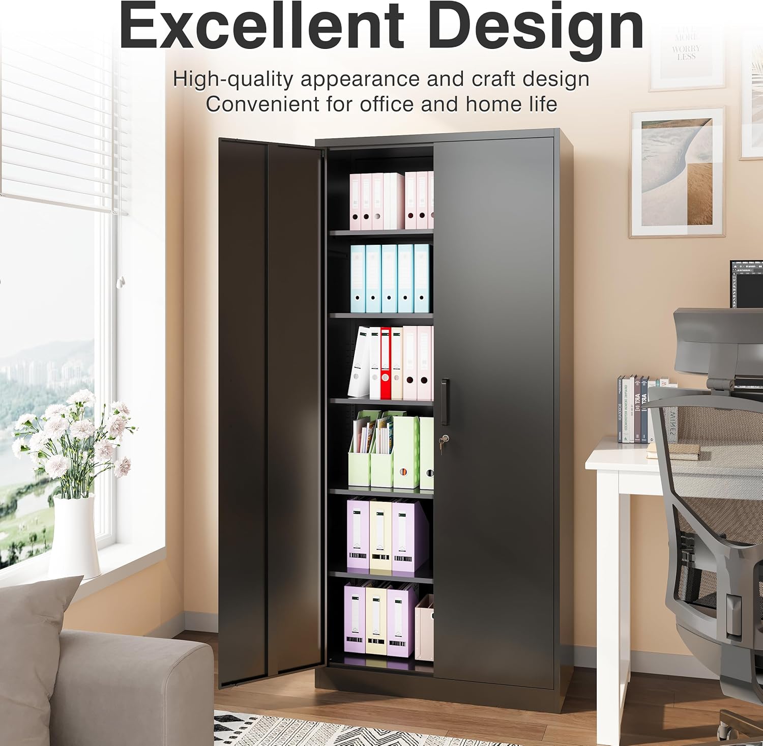 SISESOL Metal Storage Cabinet with 2 Doors and 6 Shelves,Black Metal Cabinet with Lock,71' Lockable Garage Storage Cabinets,Locking File Cabinet,Steel Tool Cabinets for Home,Office,Garage,Shop,School