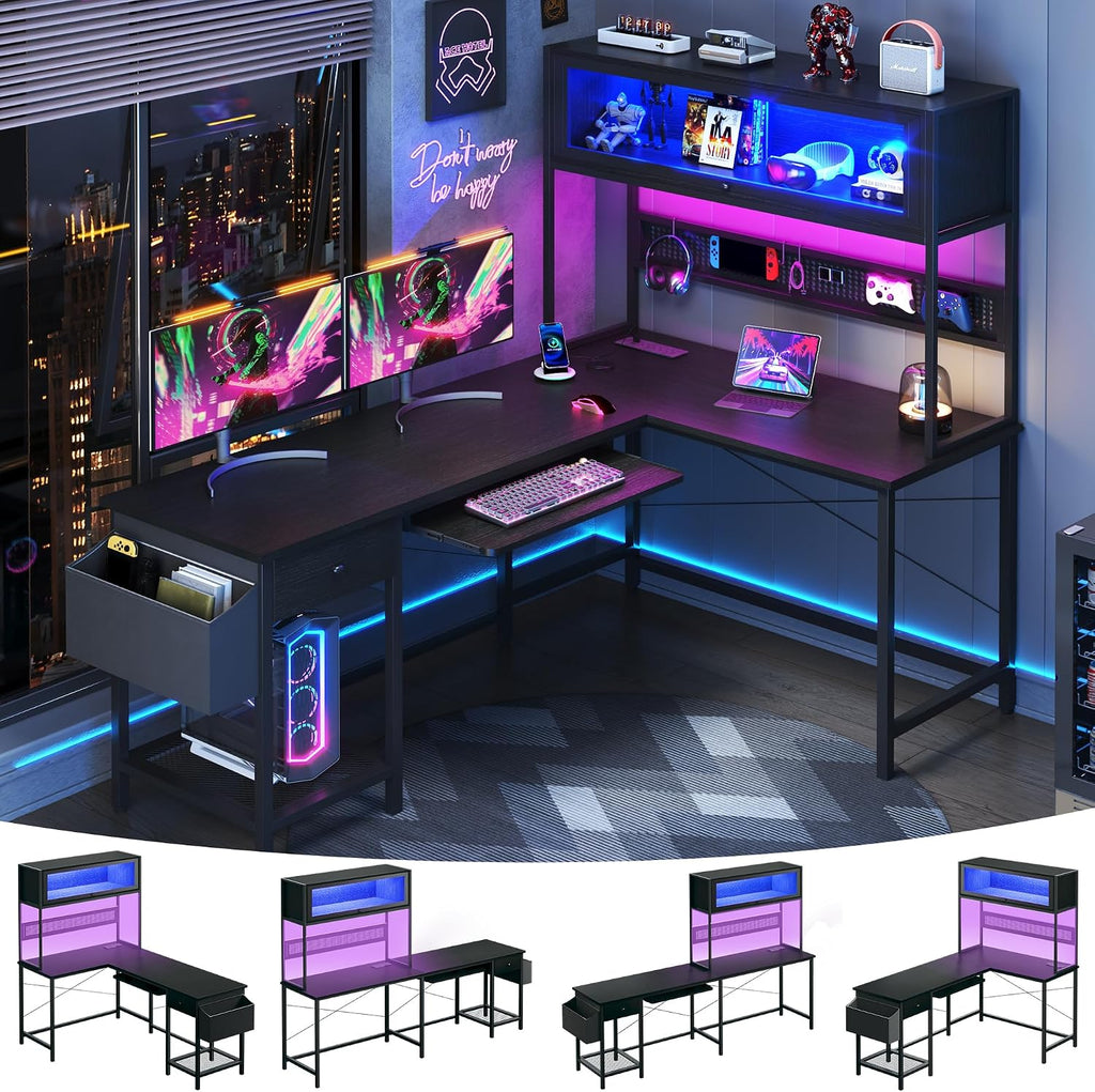 L Shaped Gaming Desk with Power Outlets & LED Lights, 49'' Reversible Computer Desk with Hutch & Pegboard & Display Cabinet, Corner Home Office Desk with Drawer & Keyboard Tray & Storage Bag, Black