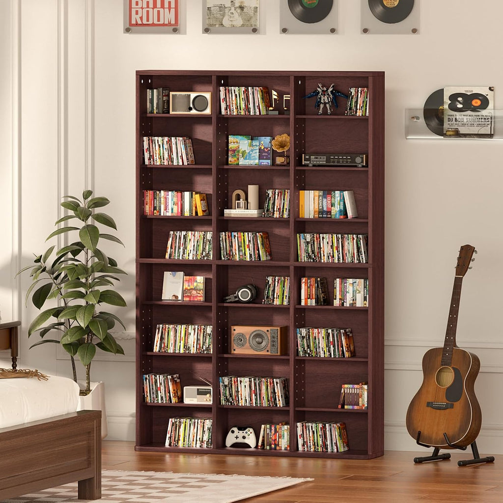 LELELINKY 8 Tier Tall Display Cabinet, Walnut Media Storage Cabinet with Adjustable Shelves, Free Standing DVD Organizer Shelf, Floor Multimedia Storage Manga Bookshelf for Living Room & Home Office.
