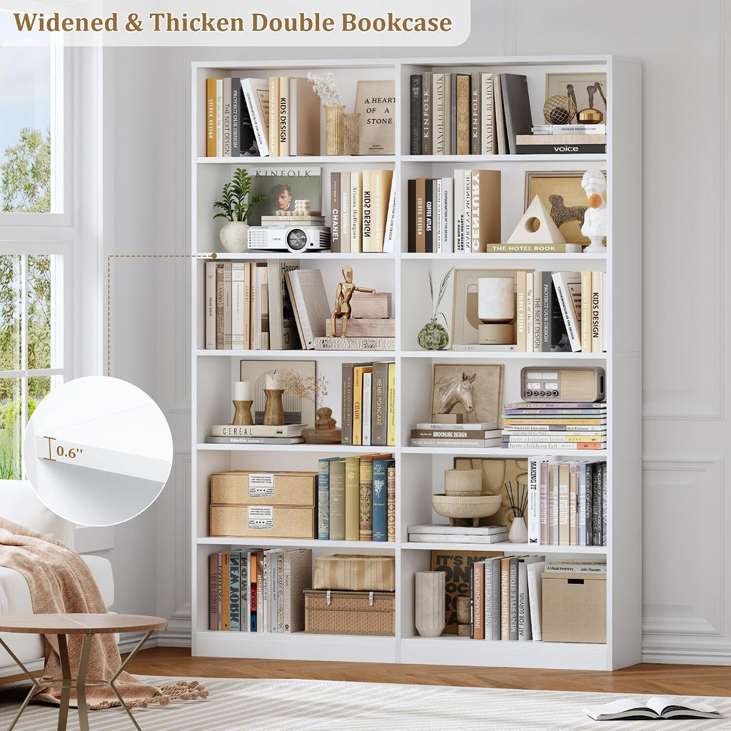 FACBOTALL Bookshelf and Bookcase, 6-Tier Double Wide Bookshelves,Freestanding Display Storage Shelves, Tall Bookcases for Home Decor Bedroom, Living Room, Home Office,White
