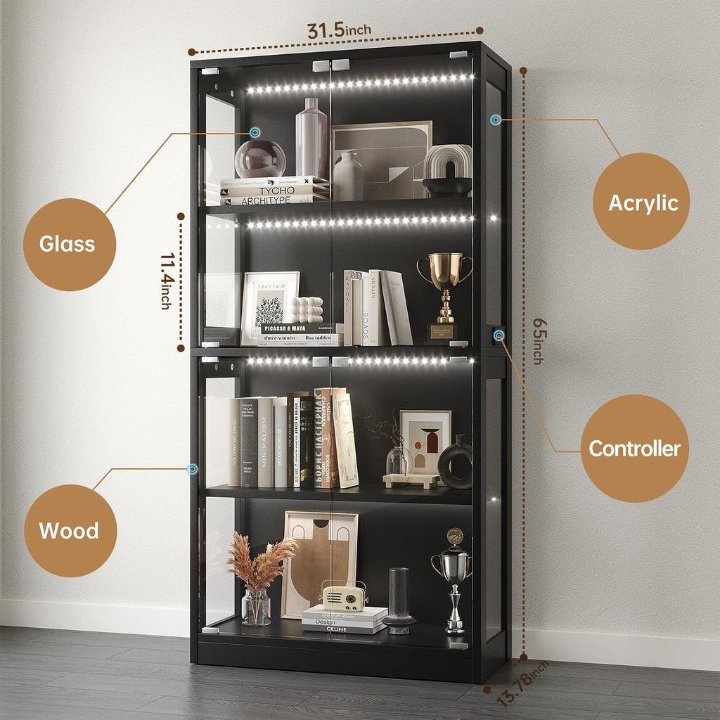 Airynee Display Cabinet with Glass Doors 4-Tier, 7 Vibrant Colors 3 Dynamic Lighting Modes, HD Glass Storage Cabinet with Human Body Sensor for Curio, Trophy, Collectibles (Black)