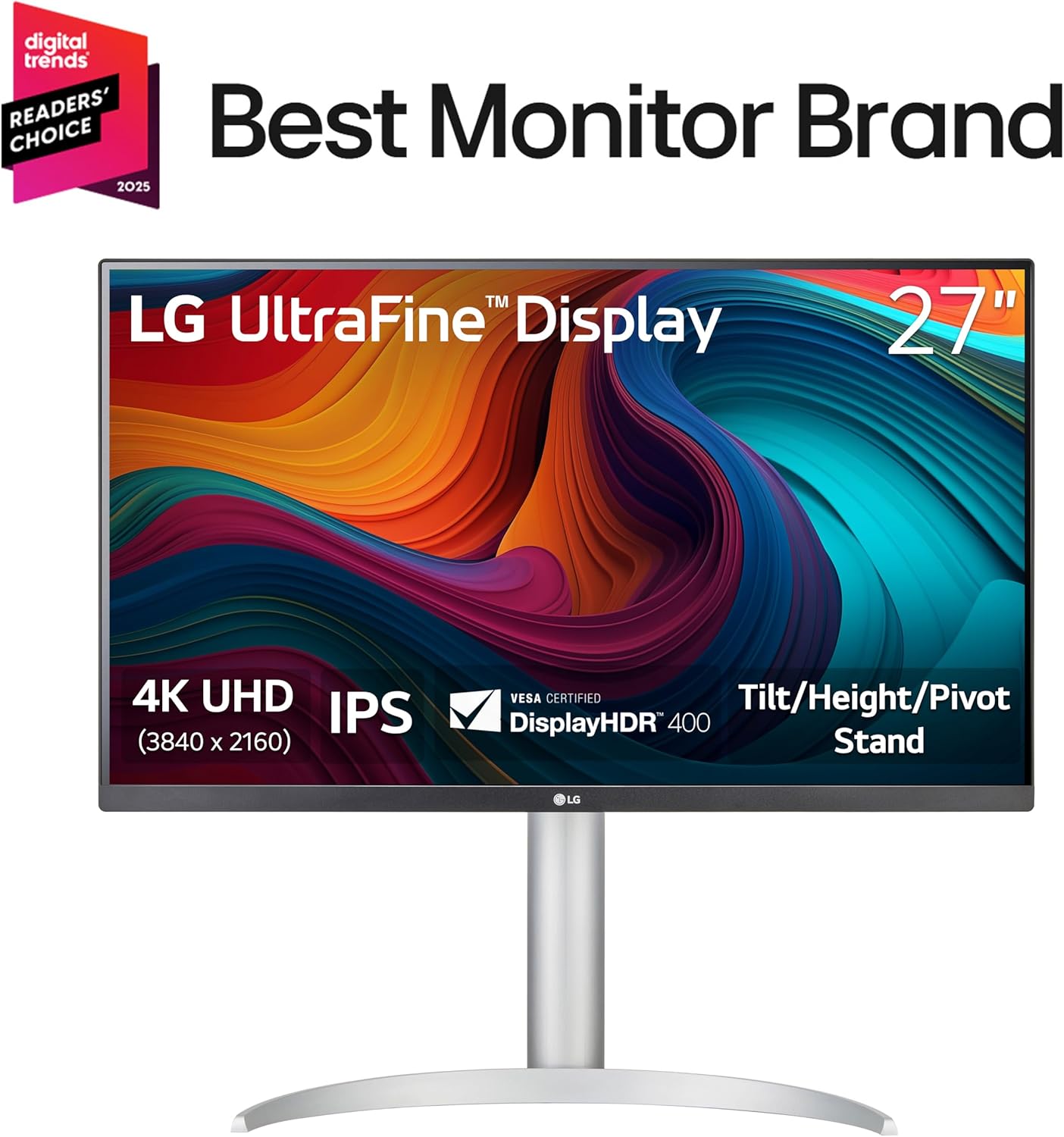 LG 27UP650K-W 27-inch Ultrafine 4K UHD (3840 x 2160) IPS Computer Monitor, 60Hz, 5ms, DisplayHDR 400, Reader Mode, Flicker Safe, HDMI, DisplayPort, Tilt/Height/Pivot Adjustable Stand, White