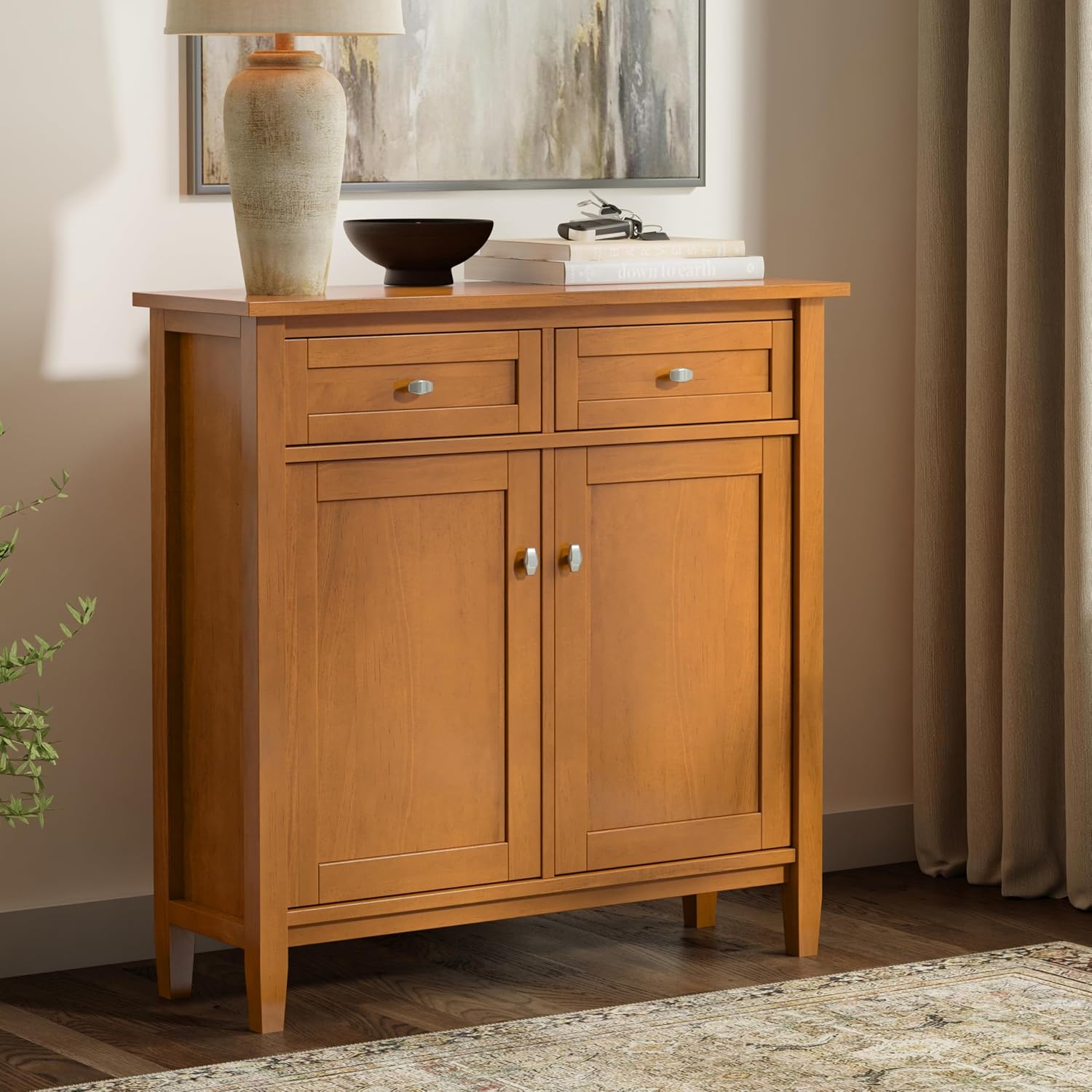 SIMPLIHOME Warm Shaker Storage Cabinet - 36 inch Wide Solid Wood 2-Shelf Entryway Storage Cabinet in Light Golden Brown, Transitional Accent Cabinet for Entryway with Drawers and Adjustable Shelves