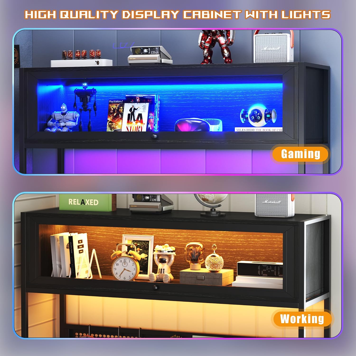 L Shaped Gaming Desk with Power Outlets & LED Lights, 49'' Reversible Computer Desk with Hutch & Pegboard & Display Cabinet, Corner Home Office Desk with Drawer & Keyboard Tray & Storage Bag, Black