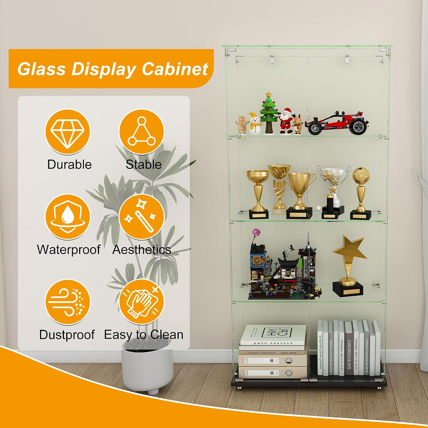 Runboll Glass Display Cabinet 4 Tiers 2 Doors with LED Light, Curio Cabinet with Wheels, Floor Standing Tempered Glass Showcase Display Shelf for Collectibles, Legos, Figures, Plants