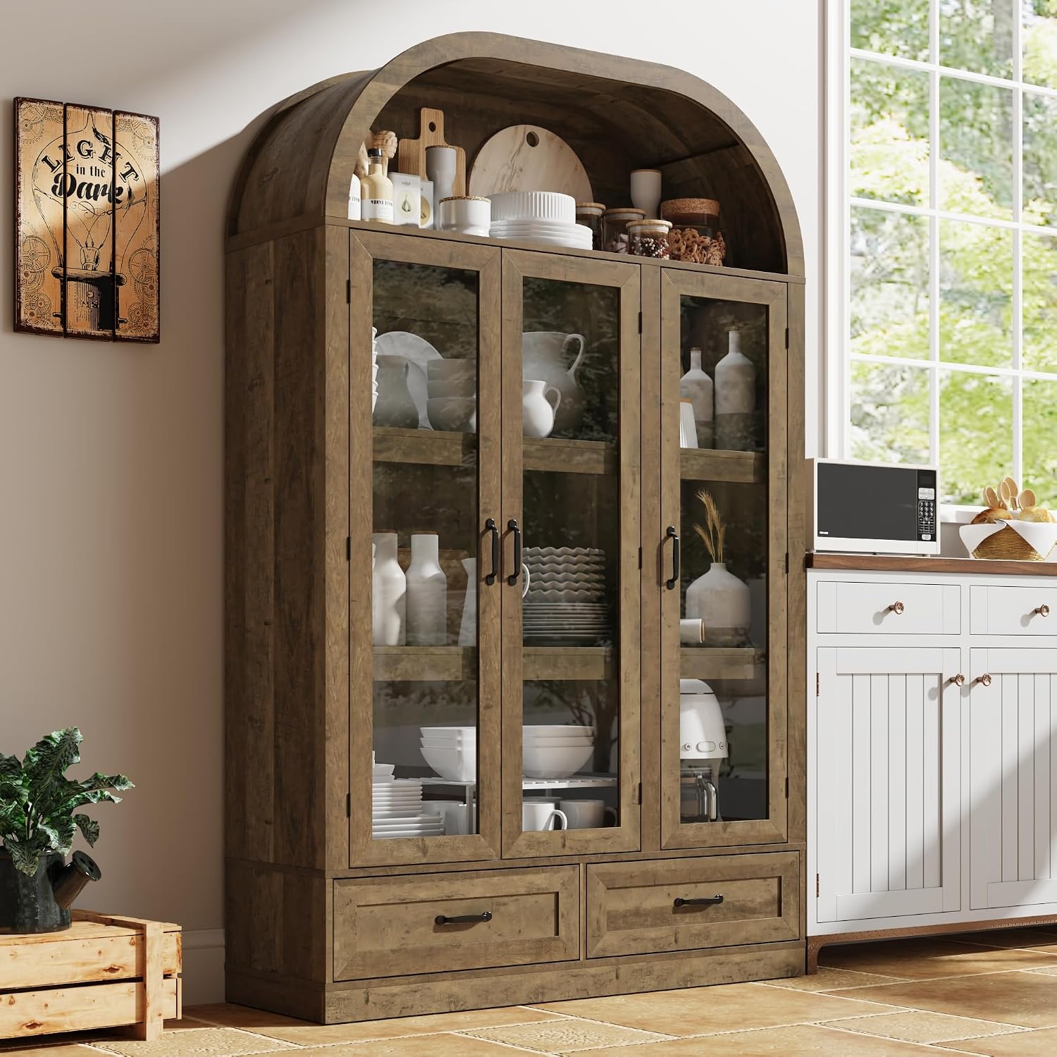 chartustriable 73' Tall Arched Kitchen Pantry Cabinet w Load-Bearing Steel Pipe,Modern Farmhouse Kitchens Storage Cabinet with Drawer and Glass Doors,Tall Arched Bookcase,Pantry Organizer(Natural)