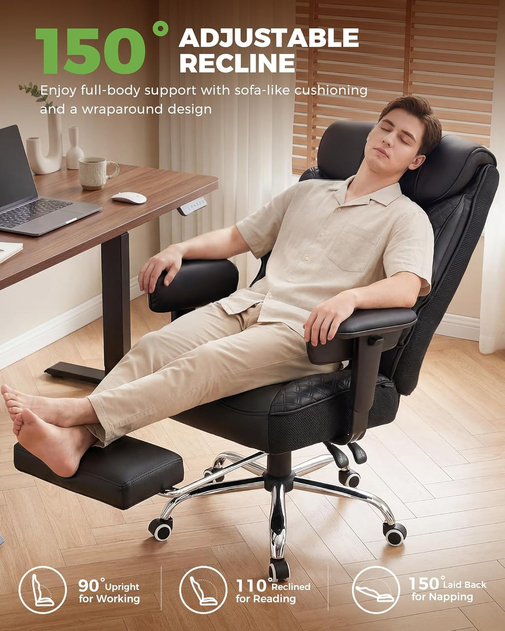 GTPLAYER Big and Tall Office Chair, High Back Computer Gaming Chair with Ergonomic Lumbar Support &Pocket Spring Cushion for Lower Back Pain Relief, Leather Executive Chair with Foot Rest, Black