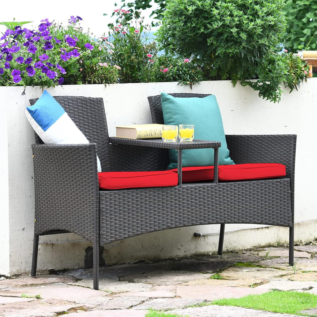 Tangkula Outdoor Rattan Loveseat, Patio Conversation Set with Cushions & Table, Modern Patented Wicker Sofa Set with Built-in Coffee Table, Rattan Sofas for Garden Lawn Backyard