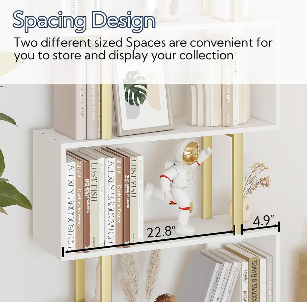 Yusong Geometric Bookcase, S Shaped Bookshelf 6-Tier Book Shelves for Bedroom, Modern Wood Decorative Display Shelf Tall Book Case for Home Office, Gold and White