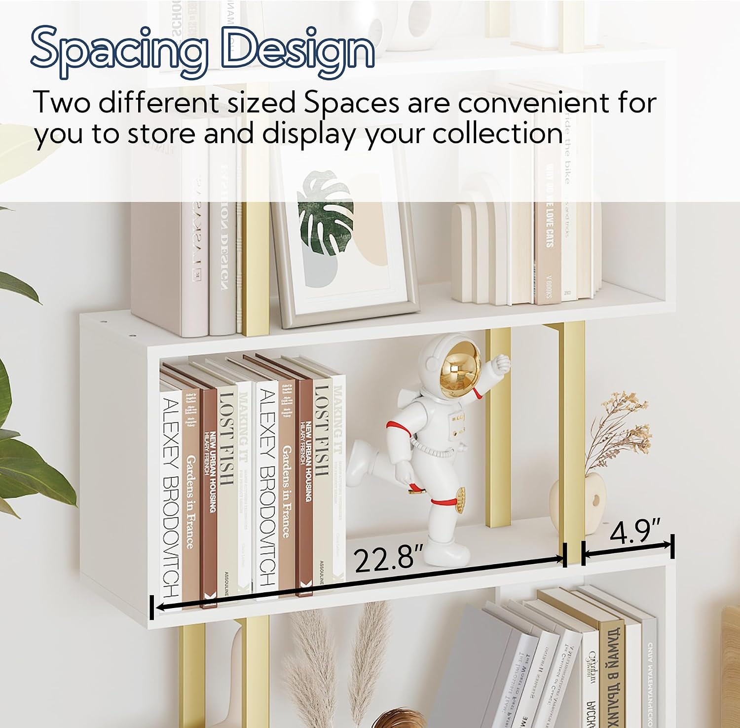 Yusong Geometric Bookcase, S Shaped Bookshelf 6-Tier Book Shelves for Bedroom, Modern Wood Decorative Display Shelf Tall Book Case for Home Office, Gold and White