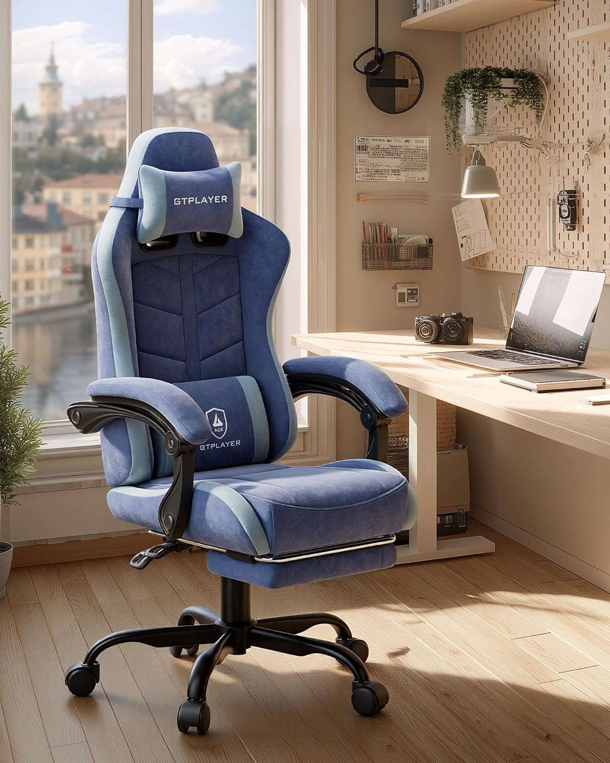 GTPLAYER Gaming Chair for Adults, Ergonomic Computer Gaming Chair with Footrest, Height Adjustable, 90-155° Recline & Removable Headrest Lumbar Support, Blue