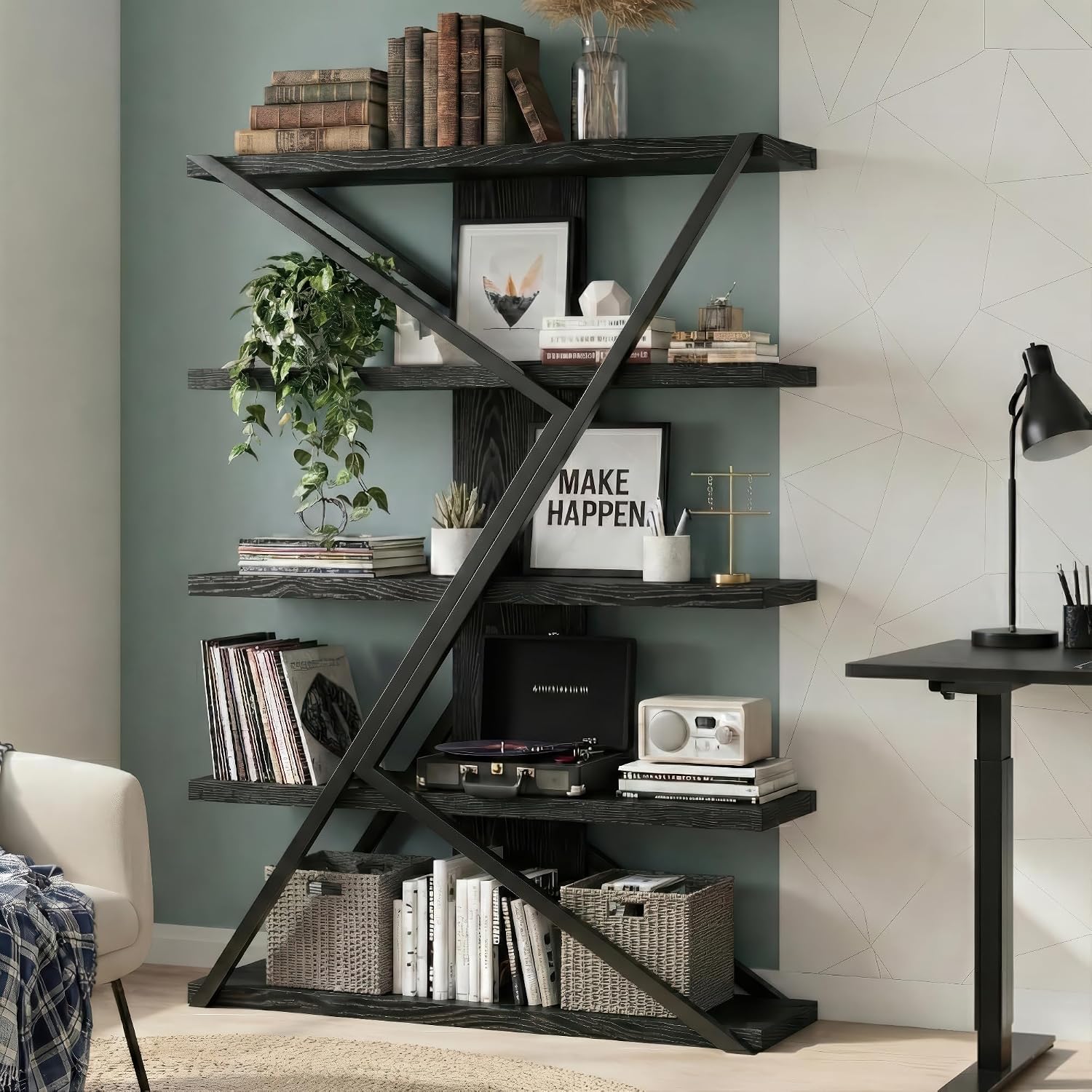 FUSUNBAO Industrial Bookshelf, Vintage 5-Tier Tall Bookcase with Wood and Metal Frame, Rustic Large Display Shelf for Home Office, 67' H x 47' L x 12' W, Black