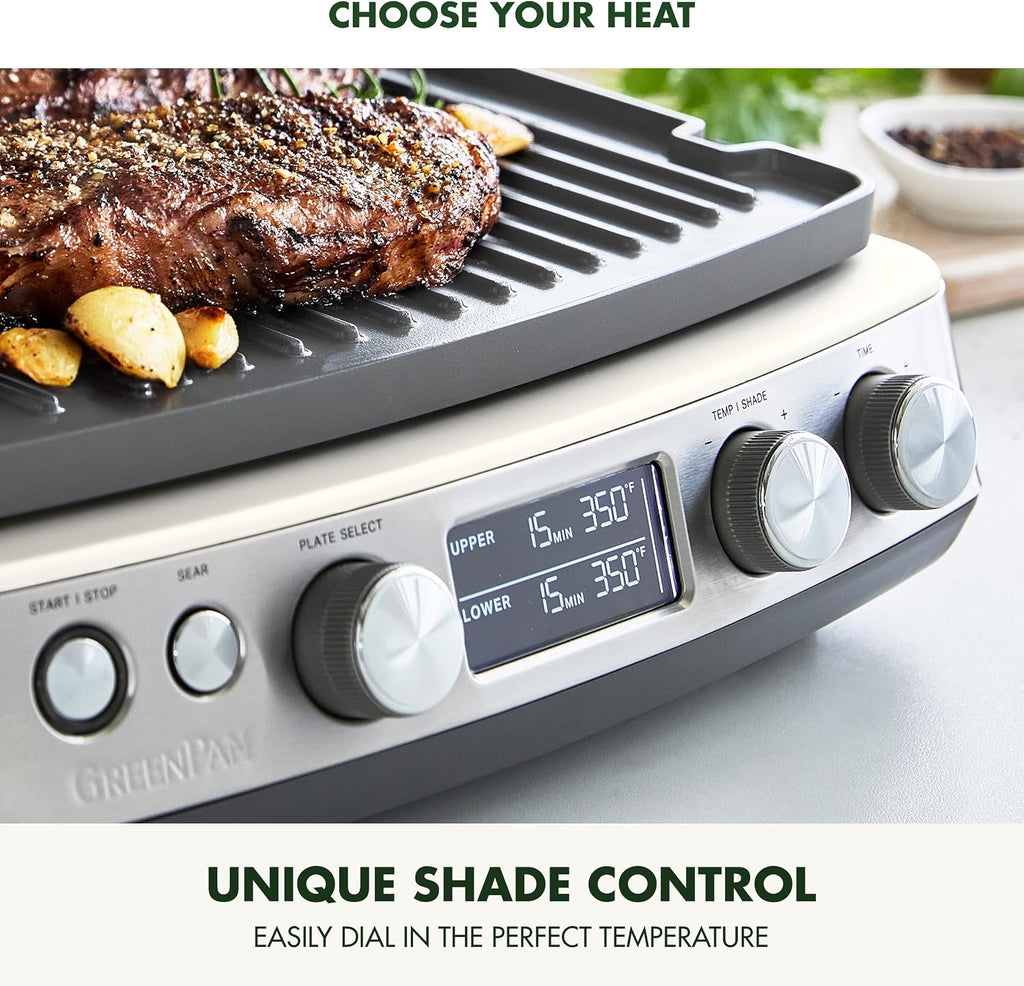 GreenPan Elite 7-in-1 Multi-Function Contact Grill & Griddle, Healthy Ceramic Nonstick Reversible Plates, Adjustable Shade & Shear, Closed Press/Open Flat Surface, PFAS-Free, Cream White