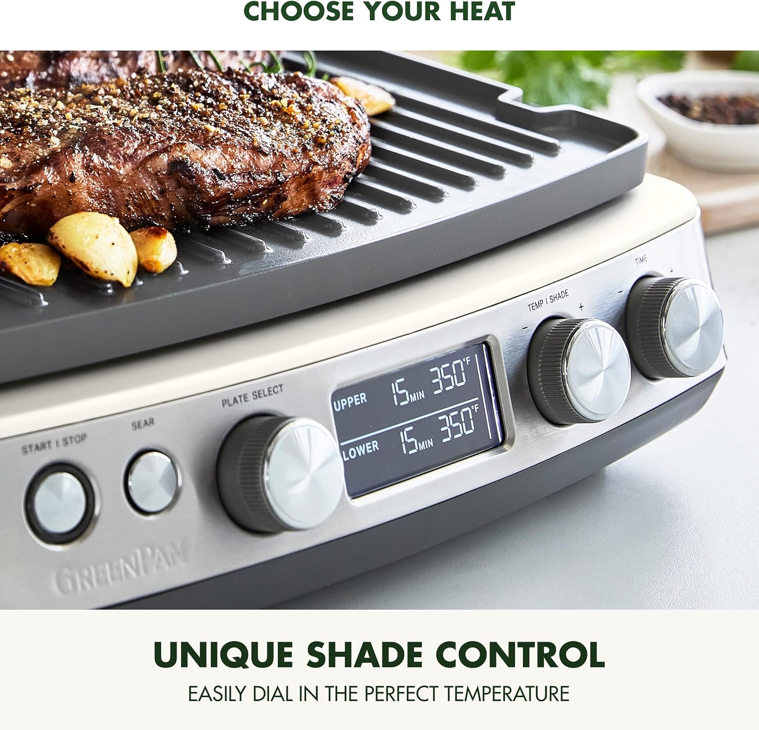 GreenPan Elite 7-in-1 Multi-Function Contact Grill & Griddle, Healthy Ceramic Nonstick Reversible Plates, Adjustable Shade & Shear, Closed Press/Open Flat Surface, PFAS-Free, Cream White