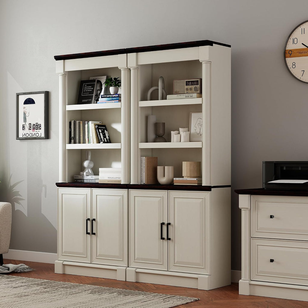 72' Roman Column Bookcase with Double Door Cabinet, 5 Tiers Tall Bookshelf Shelves Storage and Anti Tip Kit, Classic American European Modern Multi Style Design for Living Room Study Office, White