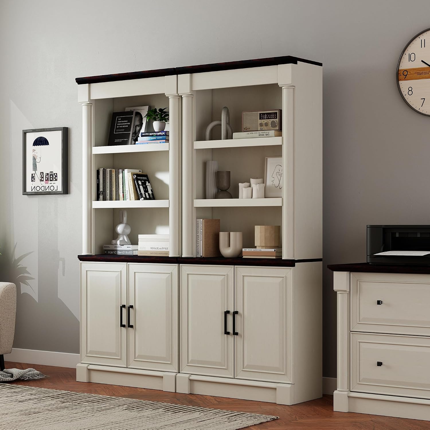 72' Roman Column Bookcase with Double Door Cabinet, 5 Tiers Tall Bookshelf Shelves Storage and Anti Tip Kit, Classic American European Modern Multi Style Design for Living Room Study Office, White