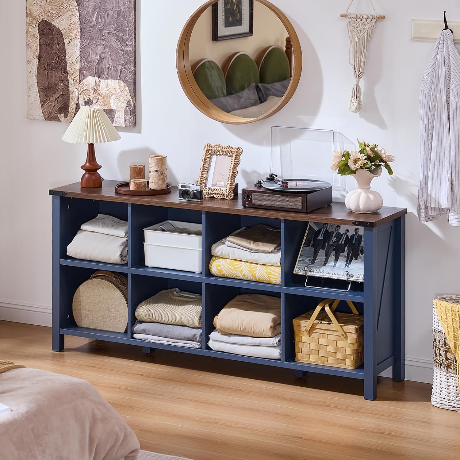 Joaxswe 8 Cube Book Shelf, Farmhouse Wood Long Storage Organizer Bookcase, 62' Horizontal Navy Blue Console Closet Bookshelf, Hallway TV Stand for Entryway, Display Cabinet Book Case for Living Room