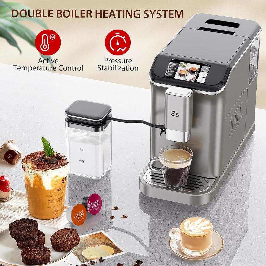 Fully Automatic Espresso Machine with Milk Frother, Built-In & Adjustable Espresso Bean Grinder, 1-15 Adjustable Grind Size Levels, 1.5L Water Tank, Auto-Cleaning, Cappuccino & Latte Machine for Home