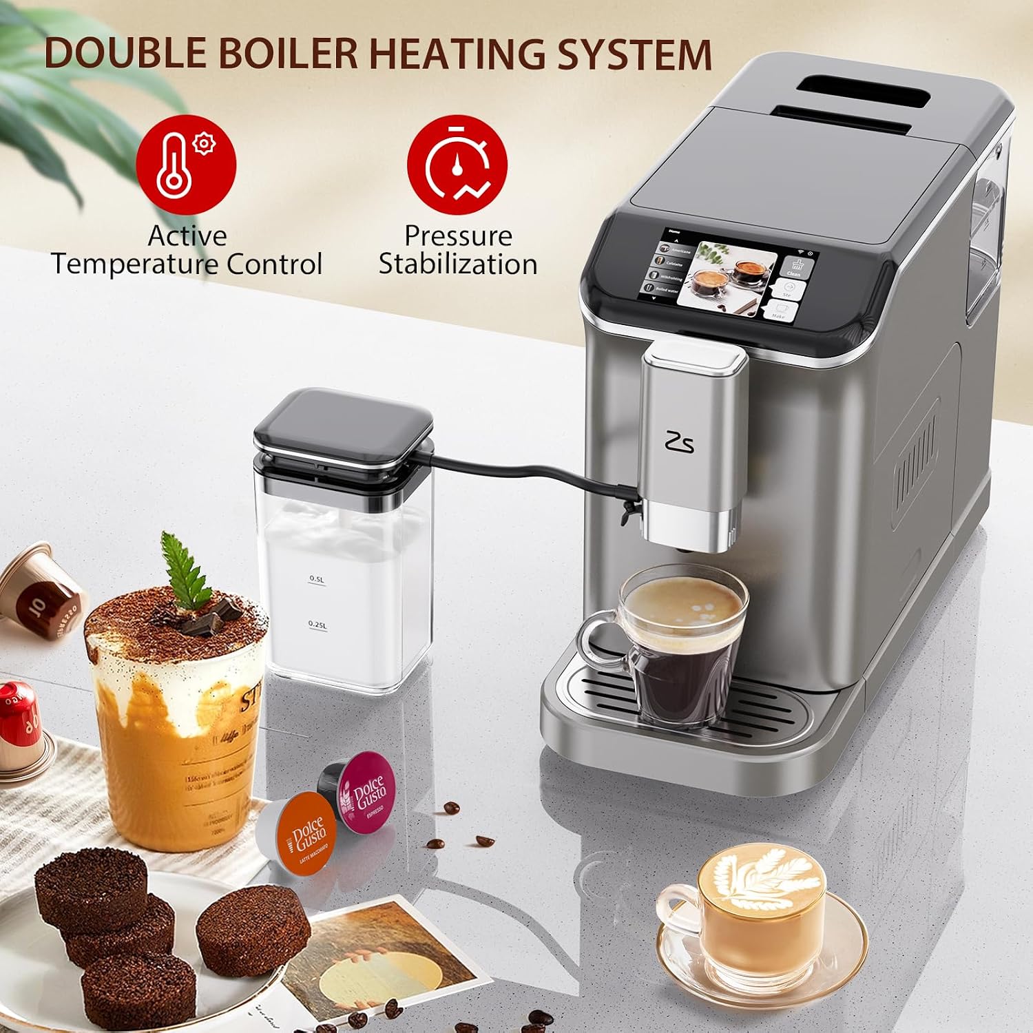 Fully Automatic Espresso Machine with Milk Frother, Built-In & Adjustable Espresso Bean Grinder, 1-15 Adjustable Grind Size Levels, 1.5L Water Tank, Auto-Cleaning, Cappuccino & Latte Machine for Home