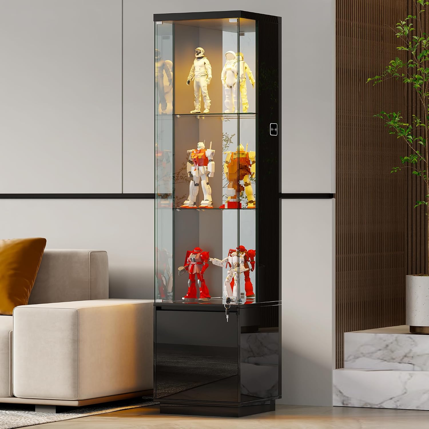 HNEBC Corner Glass Display Cabinet with Lockable&3 Color Lights for Living Room Black, Curio Cabinet with Adjustable Glass Shelf for Liquor Figurine Bookcase for Living Room