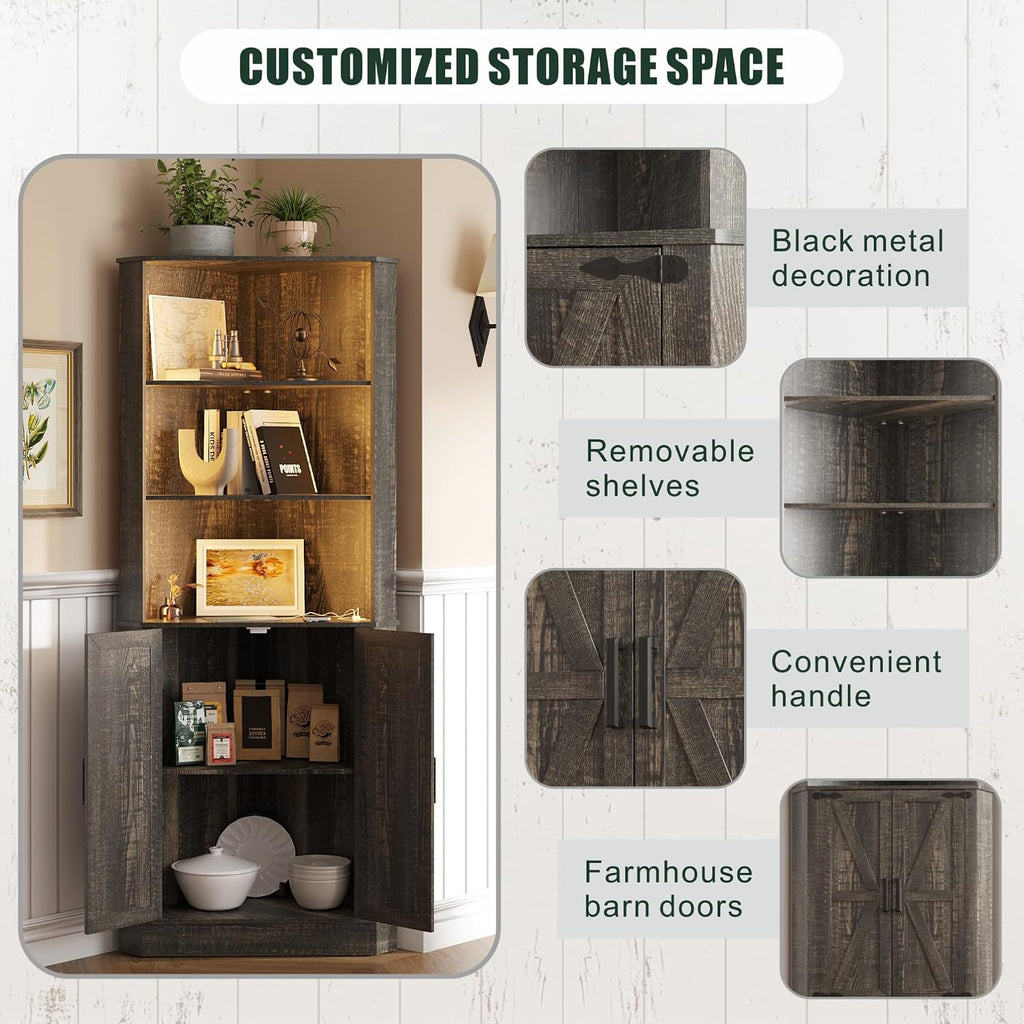 TAGELIER Farmhouse Corner Cabinet with LED Light, 67' Tall Bathroom Cabinet with 2 Doors and 3 Tier Shelves, Free Standing Corner Storage Cabinet for Living Room or Kitchen, Rustic Brown