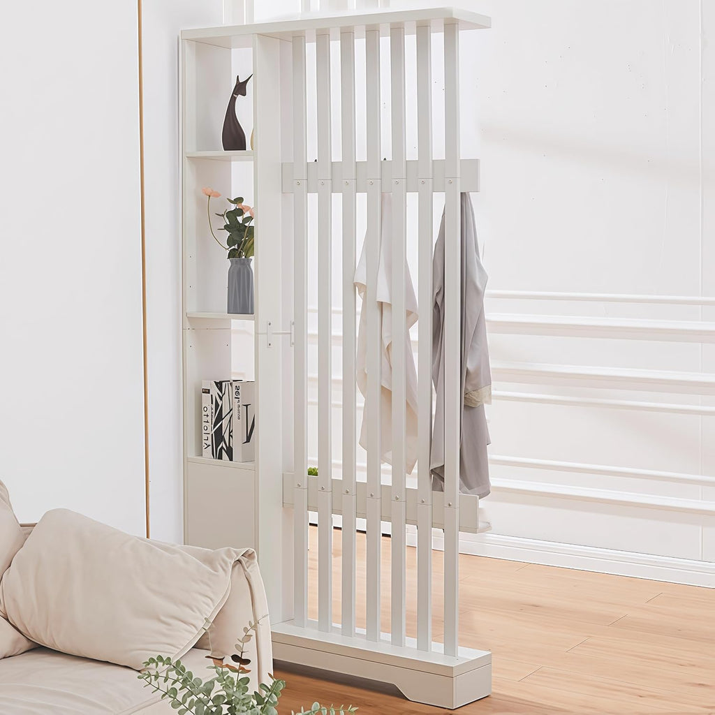 Room Divider with Shelves, Wall Room Divider Bookshelf, Freestanding Wood Privacy Screen with Storage Cabinet, Coat Rack, Display Shelf for Living Room Separation, Home Office Decorative (White)