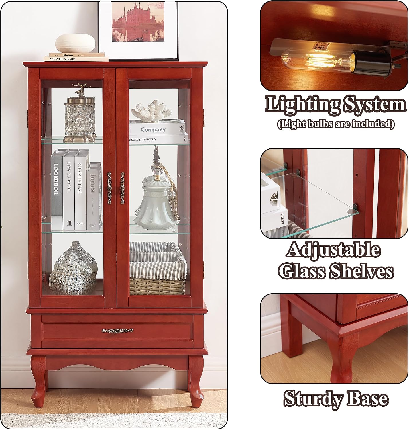 49' H Lighted Curio Cabinet Display Case, Glass Curio Cabinet with Adjustable Shelves,Tempered Glass Door and Drawer, Wooden Cabinets w/Mirrored Back Pane for Living Room (Cherry)