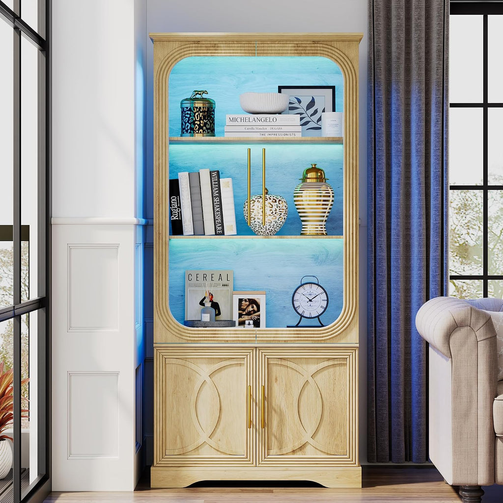 2pc Wood Display Cabinet with Glass Doors, 69' Tall Curio Cabinet with LED Lights, Glass Display Case with Storage and 3 Shelves for Living Room, (Oak-2)
