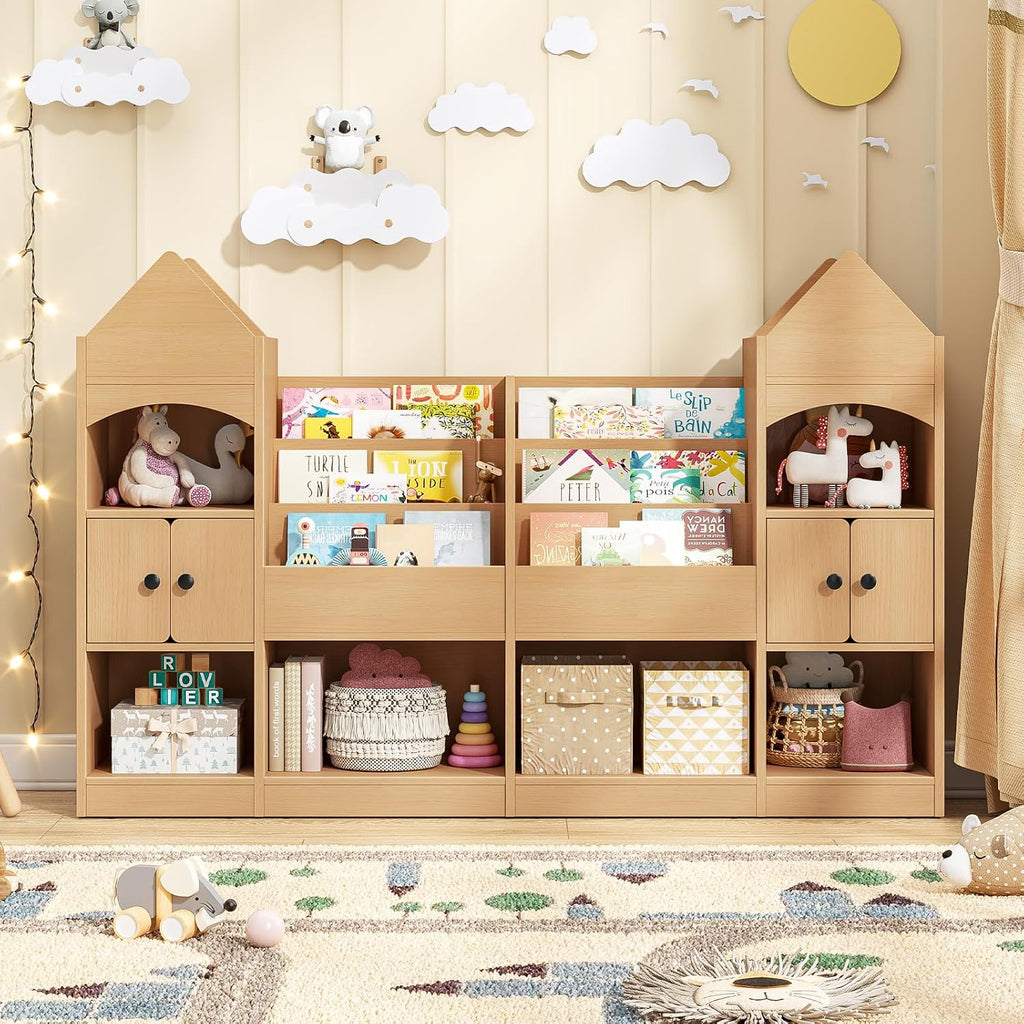 Vabches Castle Shape Children's Bookshelf, Kids Bookcase Display Case Kids Toy Storage Organizer Multifunctional Storage Cabinet Bookshelf Suitable for Playroom, Children's Room, Living Room, Oak
