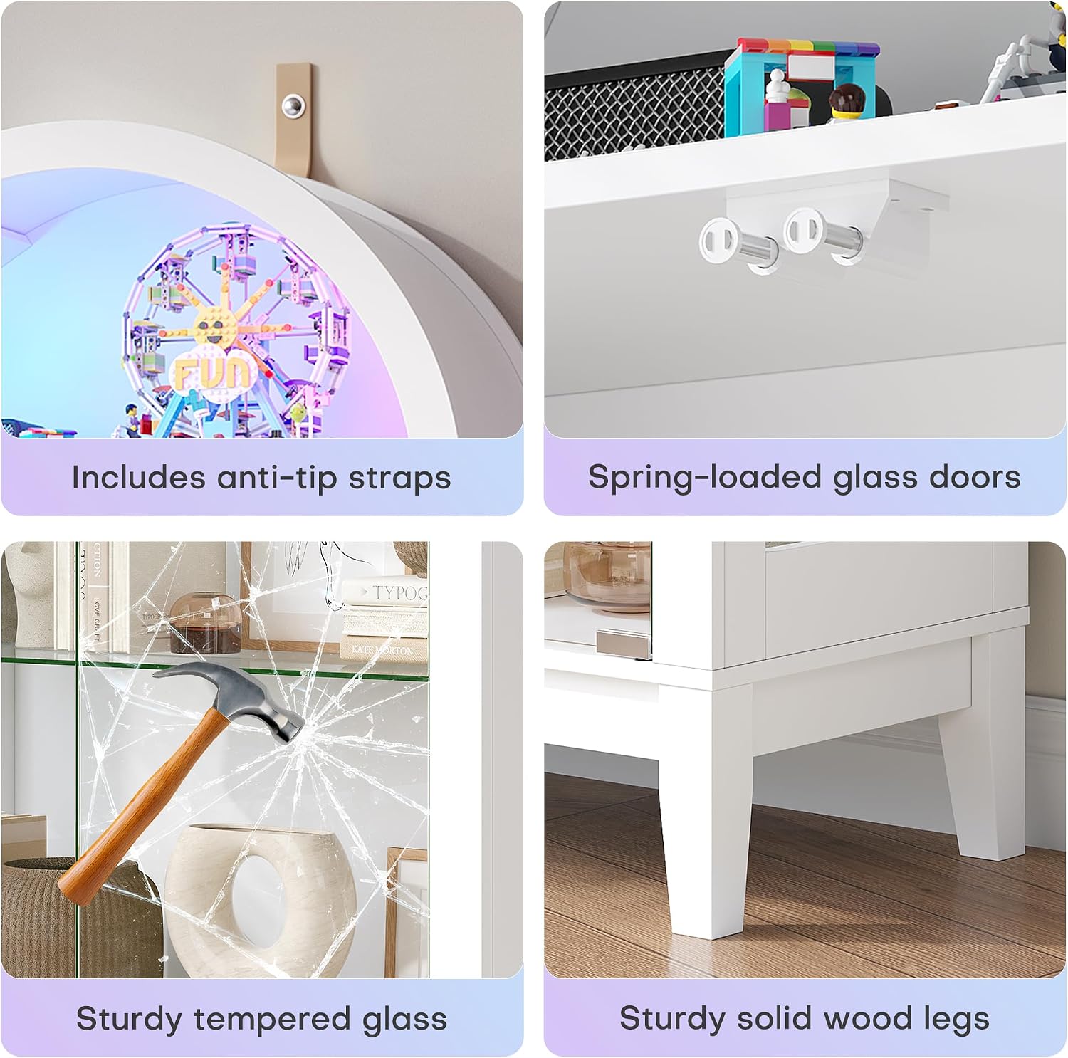 WOOVIVS Glass Display Cabinet with RGB Lights, 69' Tall Curio Cabinet with Rebound Tempered Glass Door, 5-Tier Adjustable Display Case for Living Room (White)