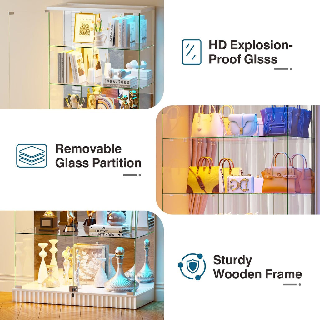 HNEBC 5 Tier Glass Display Cabinet, 66.9' Curio Cabinet with RBG Lights, Display Cases with Lockable and Human Body Sensor, Bookcases for Collectibles, Figurines, Books, Toys, Black