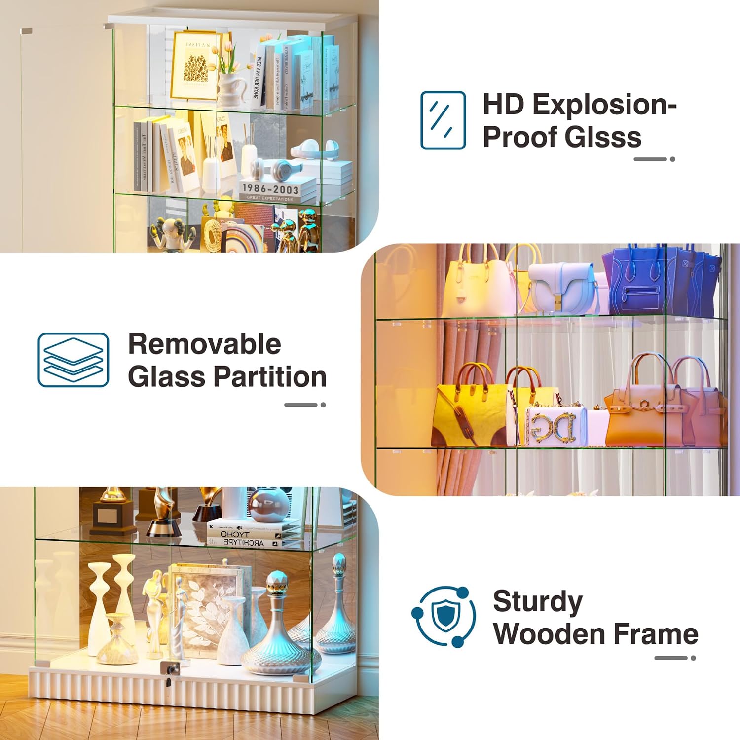 HNEBC 5 Tier Glass Display Cabinet, 66.9' Curio Cabinet with RBG Lights, Display Cases with Lockable and Human Body Sensor, Bookcases for Collectibles, Figurines, Books, Toys, Black