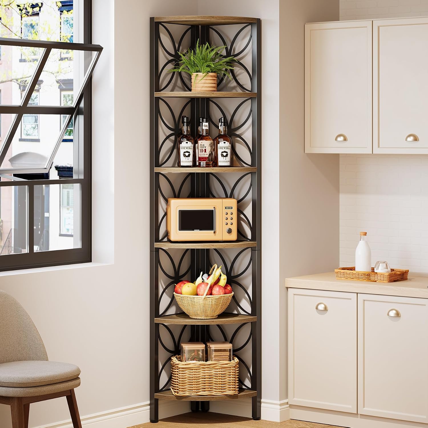Tribesigns 6-Tier Corner Shelf, 70.9' Rustic Corner Bookshelf Display Shelf for Living Room, Wooden Shelving Unit Plant Stand Storage Rack for Bedroom, Bathroom, Small Space, Rustic Brown