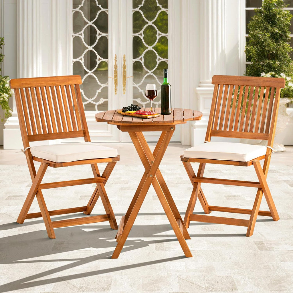 IDZO Heavy Duty 400lbs Capacity Patio Bistro Sets, 3 Piece Outdoor Folding Chairs with Cushions and Round Table, FSC-Certified Acacia Wood, Space-Saving Design for Balcony, Garden and Porch