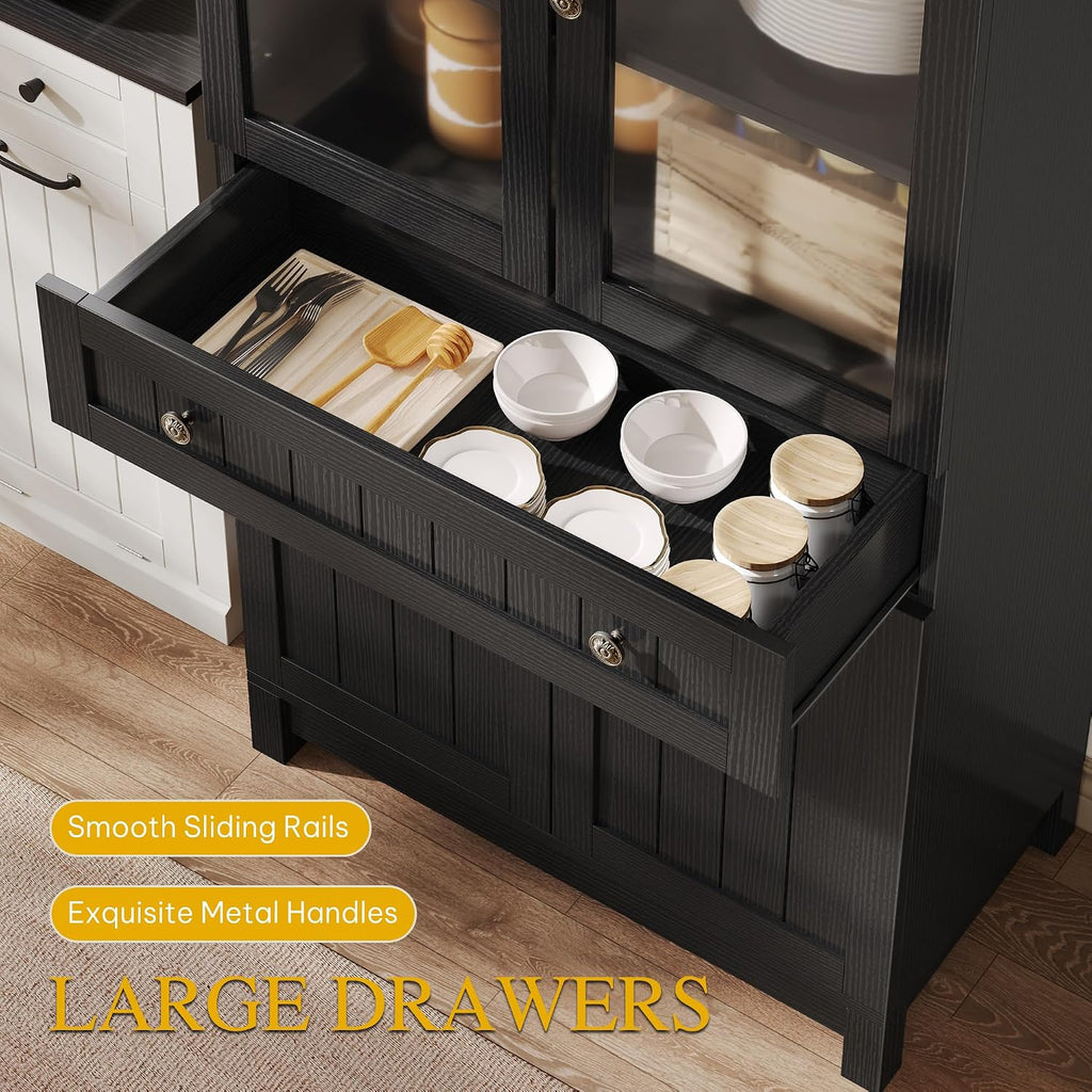 DWVO Arched Pantry Cabinet, 71' Tall Glass Door Display Storage Cabinets W/Drawer & Adjustable Shelves, Farmhouse Versatile Cupboard Bookshelf for Kitchen Dining Living Room, Black