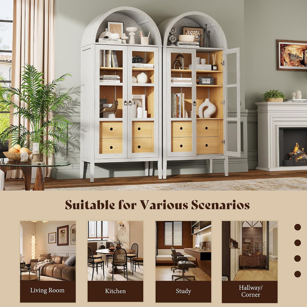 AMERLIFE Set of 2 71' Tall Arched Storage Cabinet with Glass Doors & Drawers, Modern Bookshelf with Adjustable Shelves, Elegant Display Cabinet for Living Room, Kitchen, White