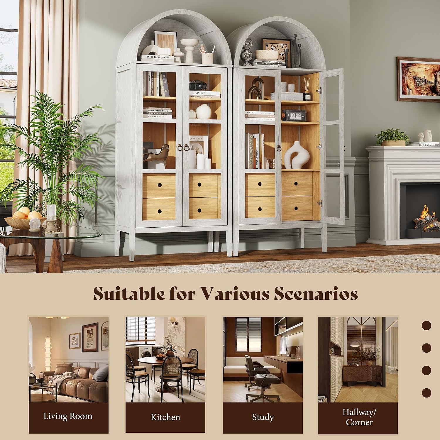 AMERLIFE Set of 2 71' Tall Arched Storage Cabinet with Glass Doors & Drawers, Modern Bookshelf with Adjustable Shelves, Elegant Display Cabinet for Living Room, Kitchen, White