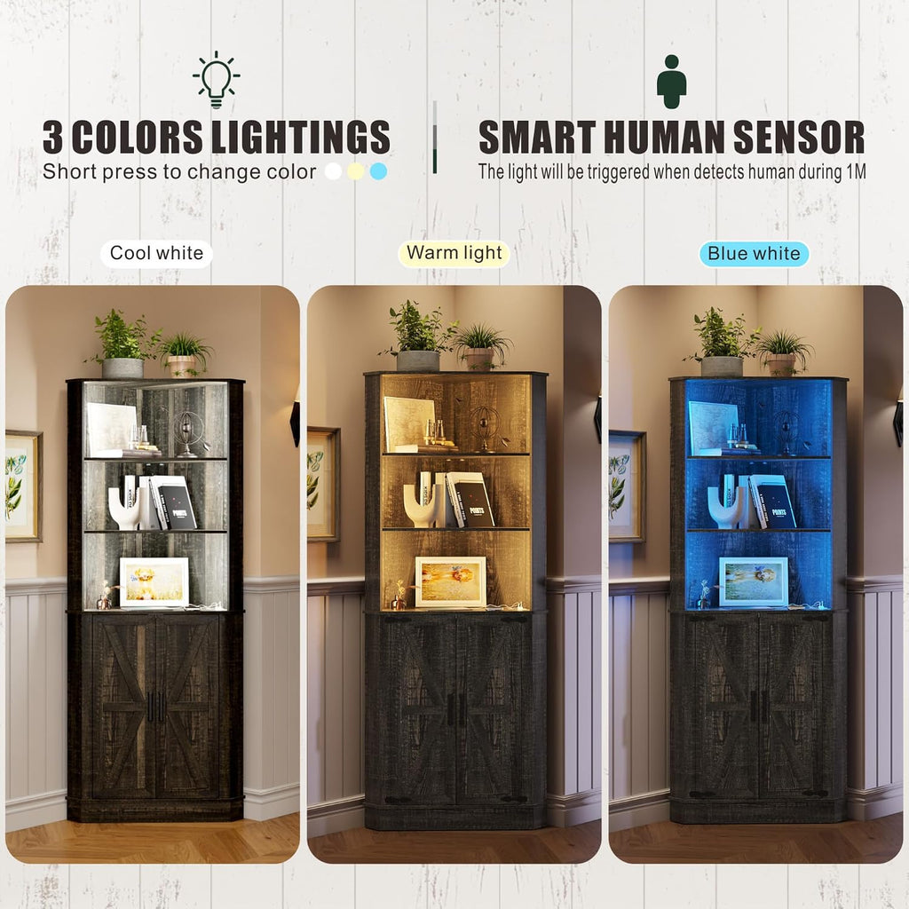 TAGELIER Farmhouse Corner Cabinet with LED Light, 67' Tall Bathroom Cabinet with 2 Doors and 3 Tier Shelves, Free Standing Corner Storage Cabinet for Living Room or Kitchen, Rustic Brown