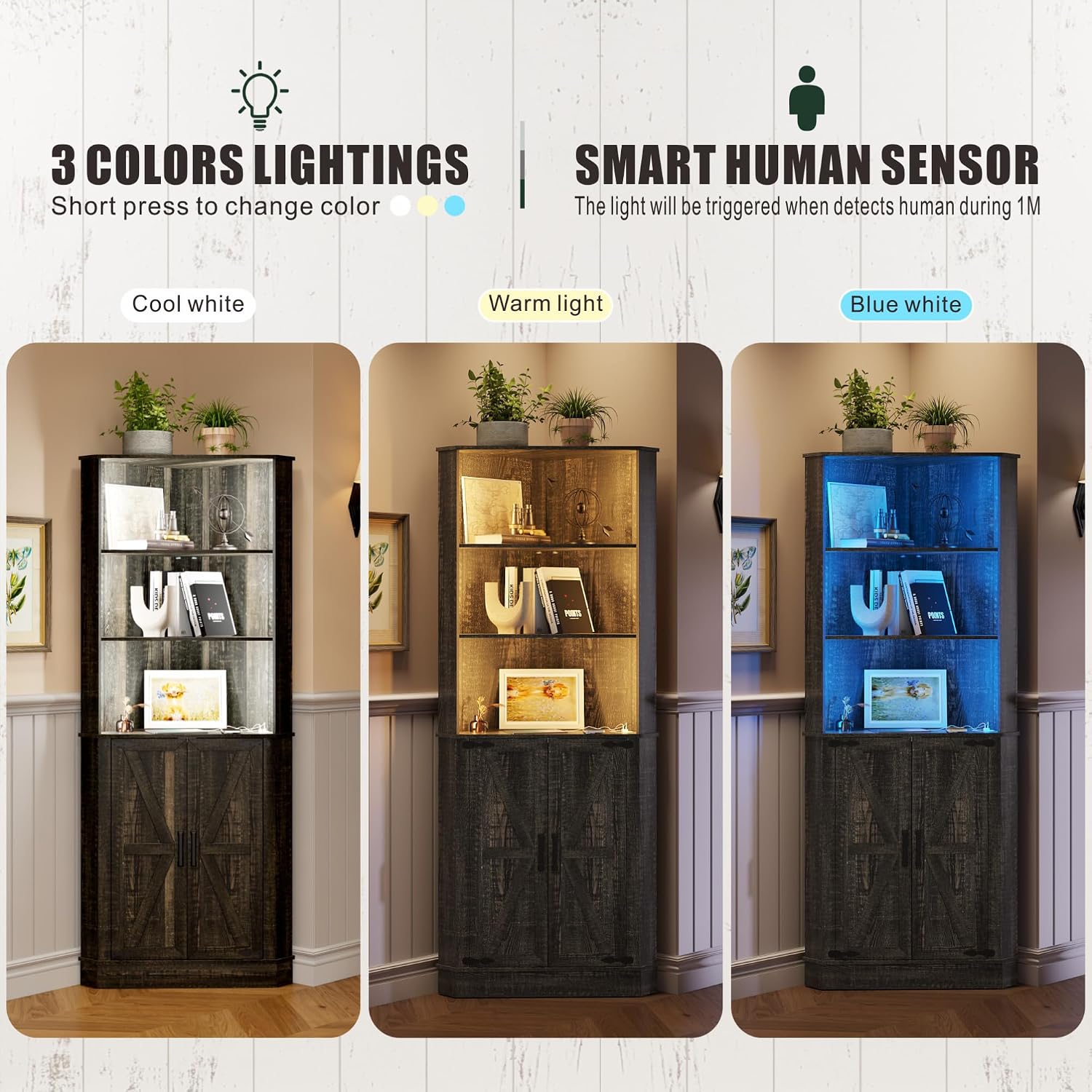 TAGELIER Farmhouse Corner Cabinet with LED Light, 67' Tall Bathroom Cabinet with 2 Doors and 3 Tier Shelves, Free Standing Corner Storage Cabinet for Living Room or Kitchen, Rustic Brown