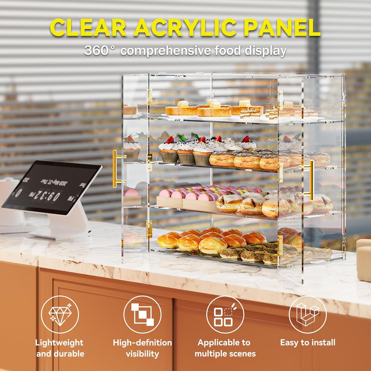 4 Tiers Clear Acrylic Counter Top Bakery Display Case 5mm high Impact PETG Panels Bread Case 19.7'X19.7'X9.85' Party Cake Cabinet