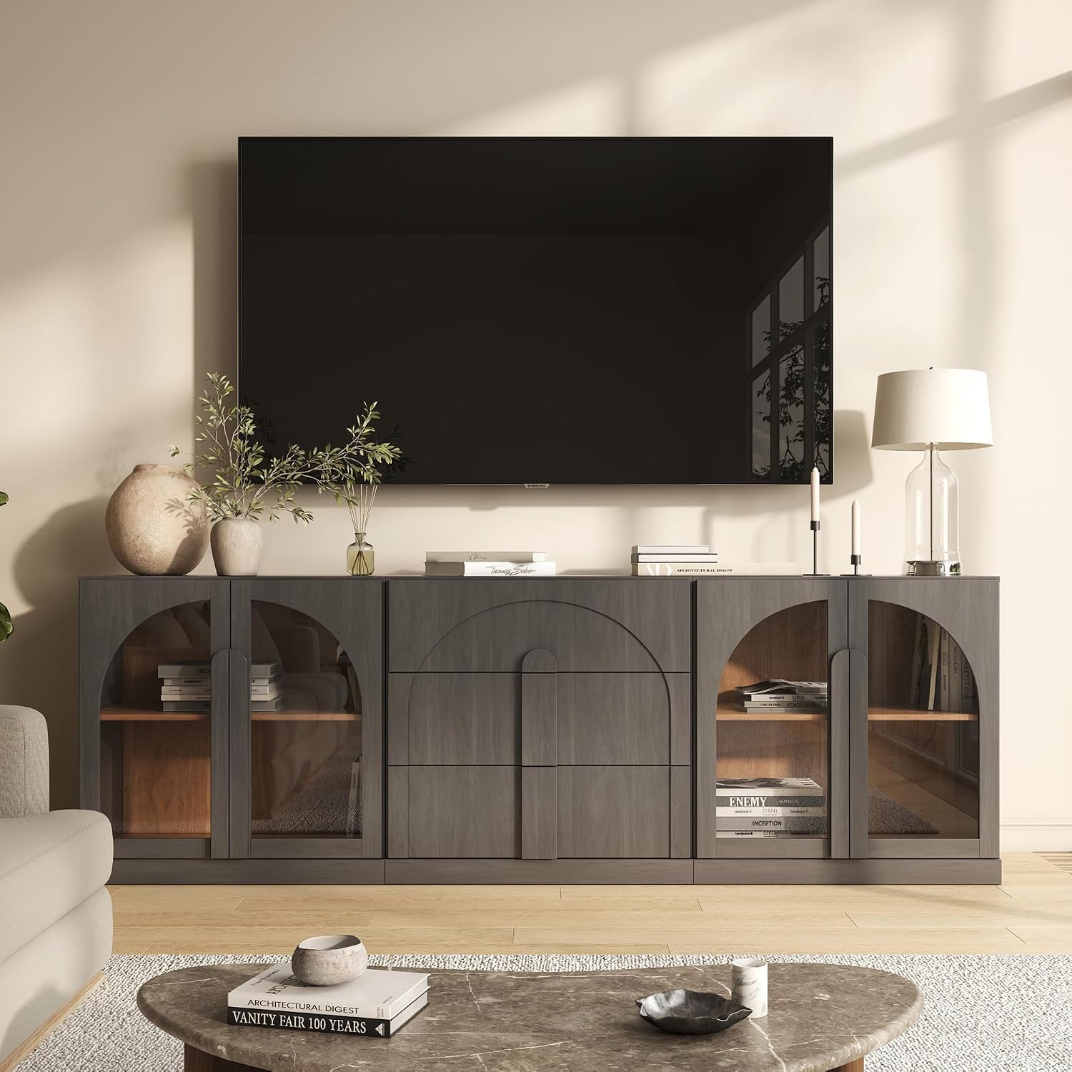 BELLEZE 3-Piece Modular Sideboard Cabinet Freely Configurable, Modern Wood Buffet Cabinet Contain 2 Arched Cabinets and a 3-Drawer Storage, Media Console Credenza for Living Room Kitchen, Ebony