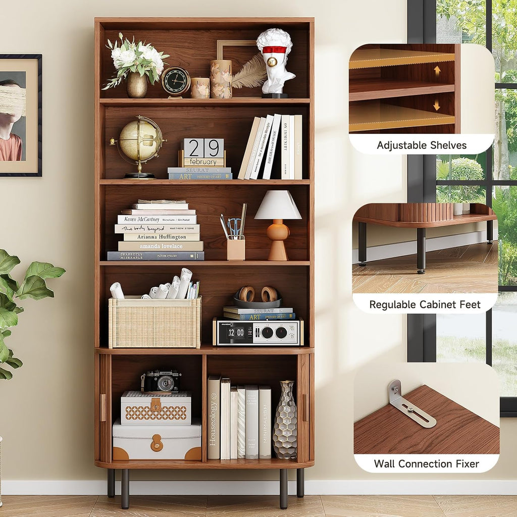 ONBRILL 71' Tall Bookshelf, 4-Tier Bookcase with Storage Cabinet & Adjustable Storage Shelf, Freestanding Wood Bookshelf with Sliding Door and Adjustable Footpad, for Home Office, Living Room, Walnut