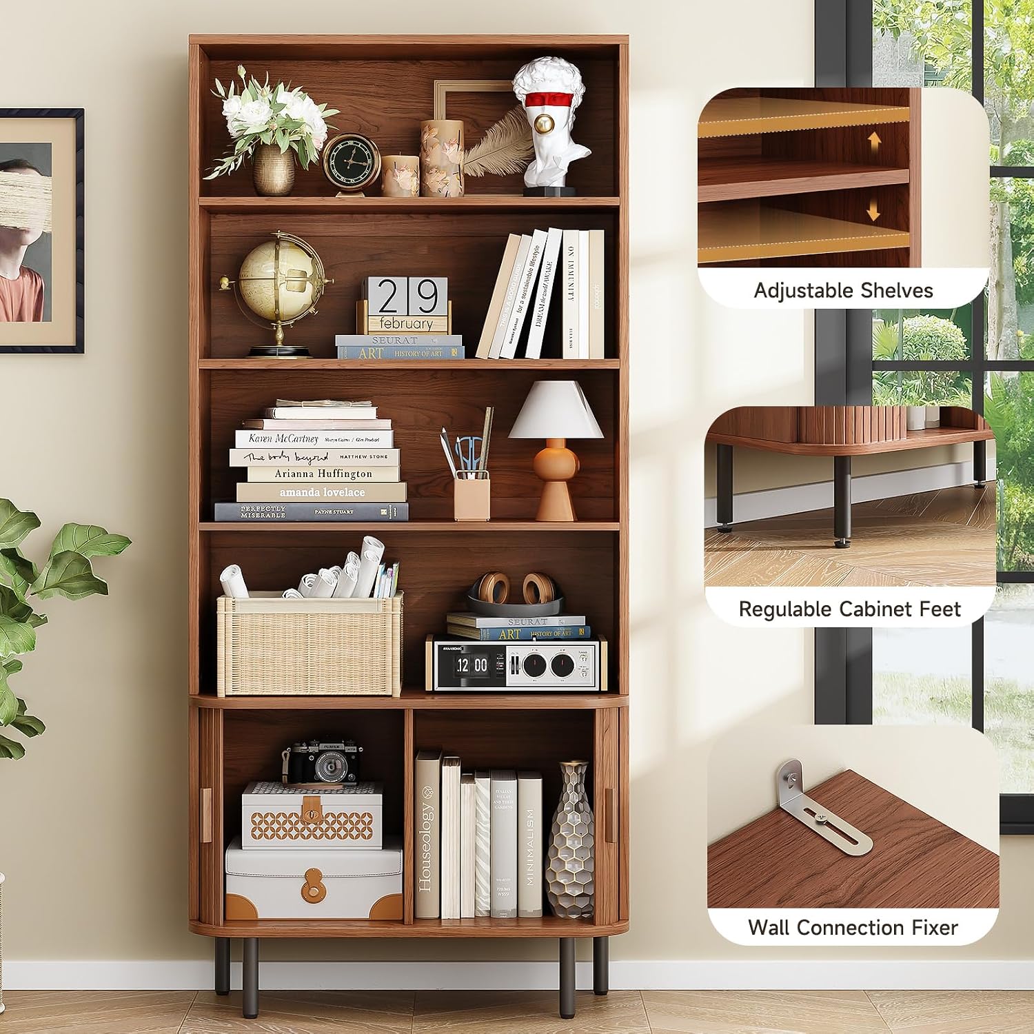 ONBRILL 71' Tall Bookshelf, 4-Tier Bookcase with Storage Cabinet & Adjustable Storage Shelf, Freestanding Wood Bookshelf with Sliding Door and Adjustable Footpad, for Home Office, Living Room, Walnut