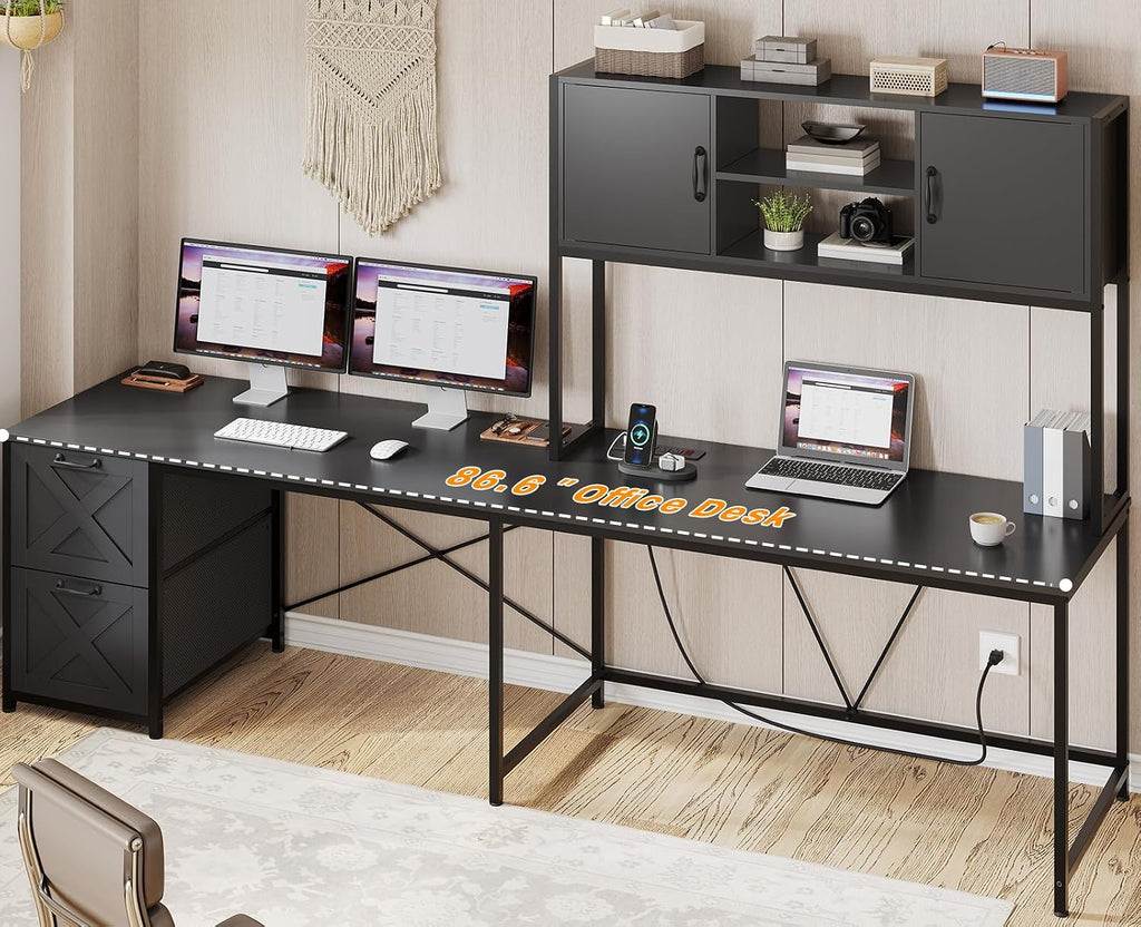 SEDETA Corner Computer Desk, Reversible L Shaped Computer Desk with Fabric Drawers and Power Outlet, Gaming Desk with Led Lights, Hutch and Storage Shelf for Home Office, Black