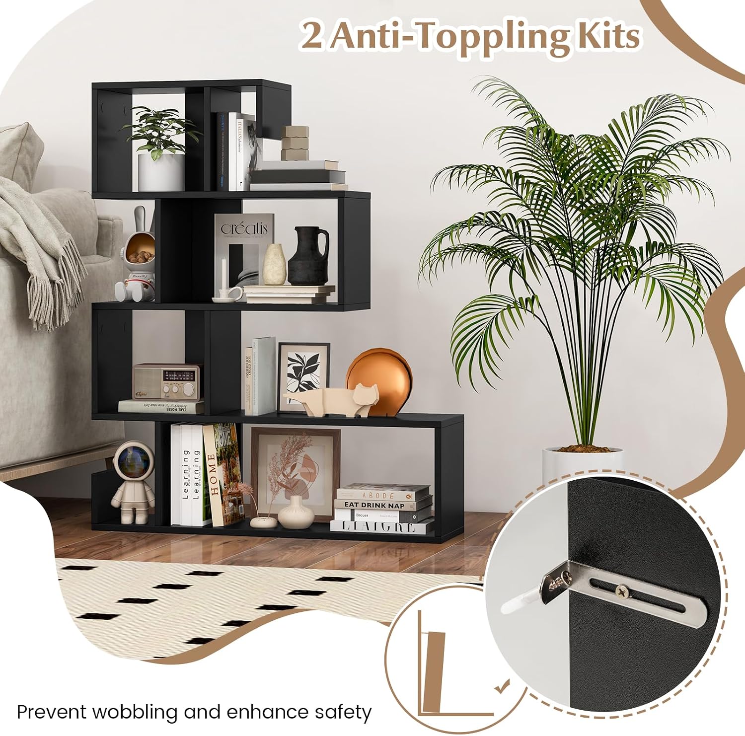 Giantex 5-Tier S-Shaped Bookshelf of 2, Geometric Bookcase w/Open Cubes, Modern Decorative Display Shelf w/Anti-Toppling Kits, Freestanding Storage Rack for Living Room, Study, Home, Office