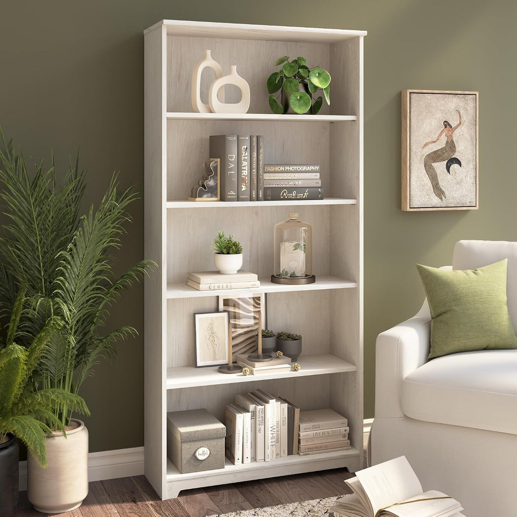 Bush Home Tall 5 Shelf Bookcase, Large Open Bookshelf, Sturdy Display Cabinet for Living Room or Home Office, Cabot Collection, Linen White Oak